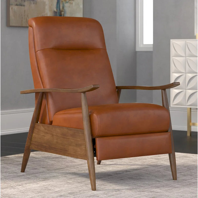 Fauteuil inclinable à pousser en bois rembourré, similicuir, style moderne du milieu du siècle