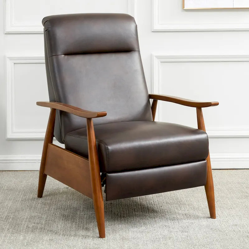Fauteuil inclinable à pousser en bois rembourré, similicuir, style moderne du milieu du siècle