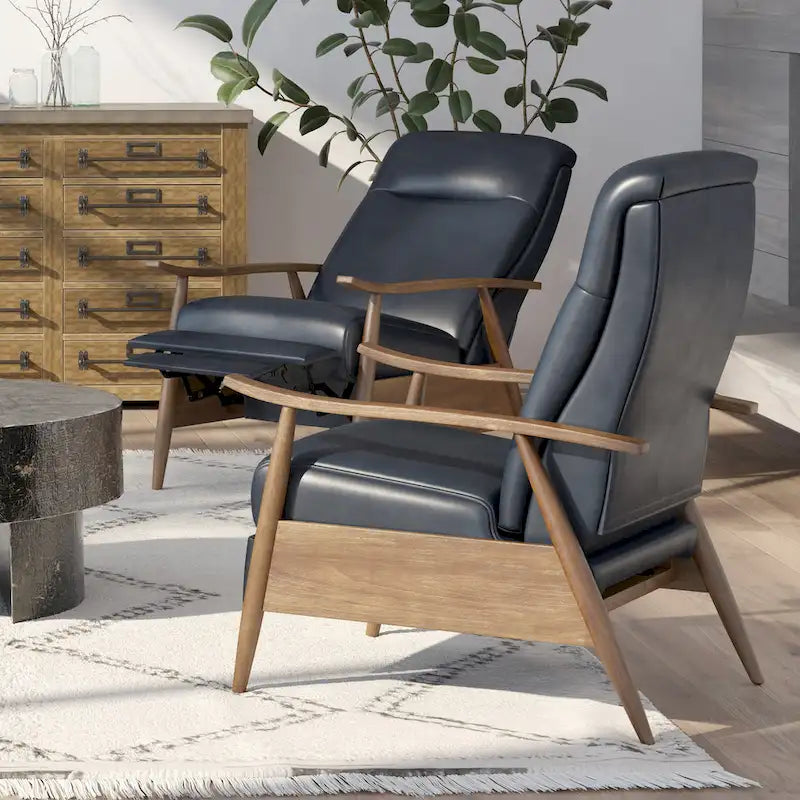 Fauteuil inclinable à pousser en bois rembourré, similicuir, style moderne du milieu du siècle