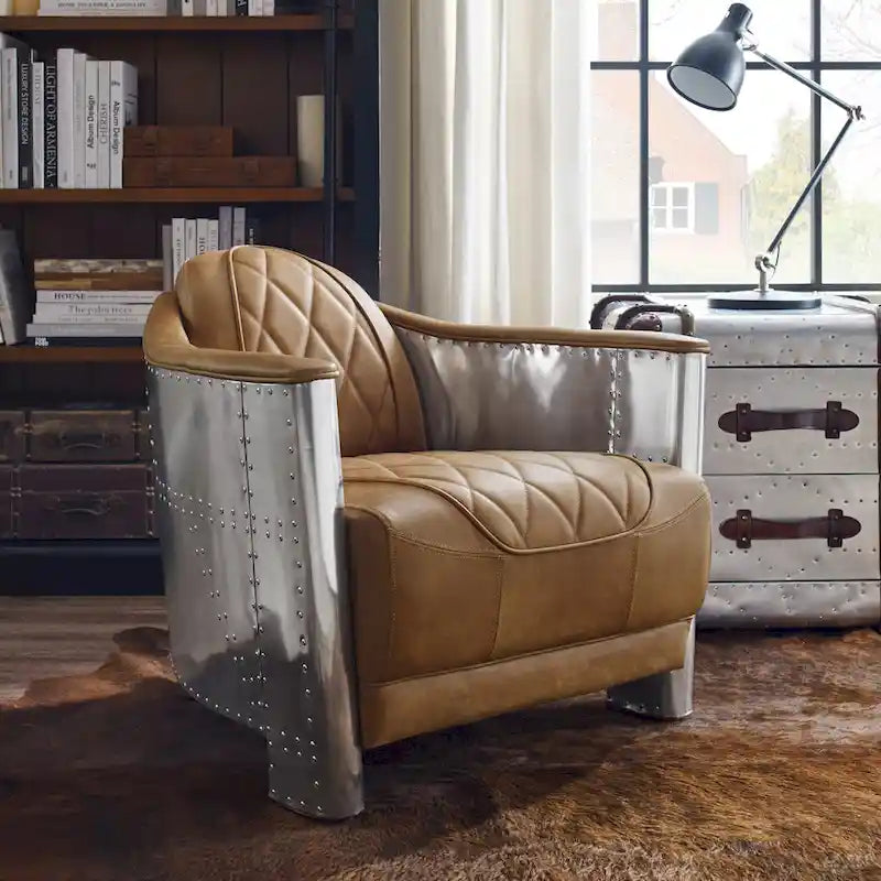 Fauteuil industriel rétro en cuir pleine fleur avec accents en aluminium
