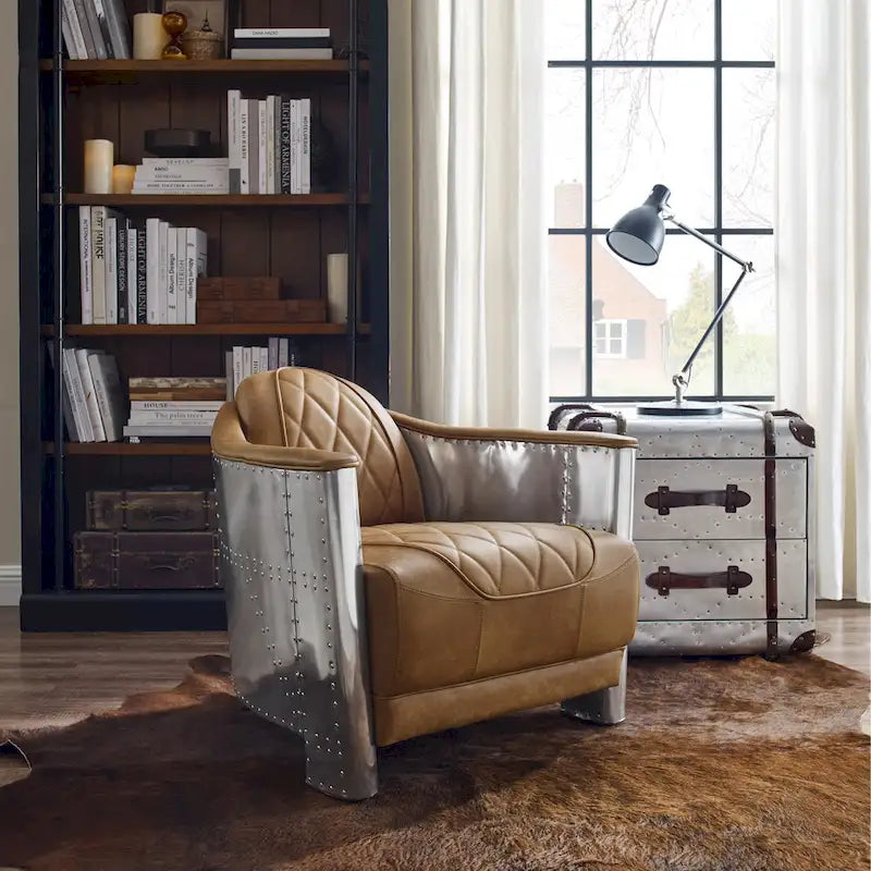 Fauteuil industriel rétro en cuir pleine fleur avec accents en aluminium