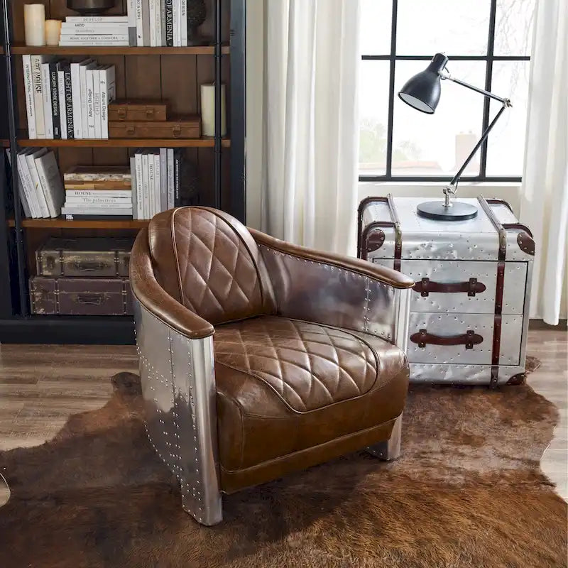 Fauteuil industriel rétro en cuir pleine fleur avec accents en aluminium