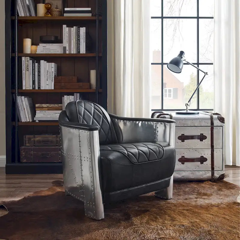 Fauteuil industriel rétro en cuir pleine fleur avec accents en aluminium