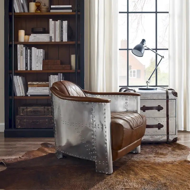 Fauteuil industriel rétro en cuir pleine fleur avec accents en aluminium