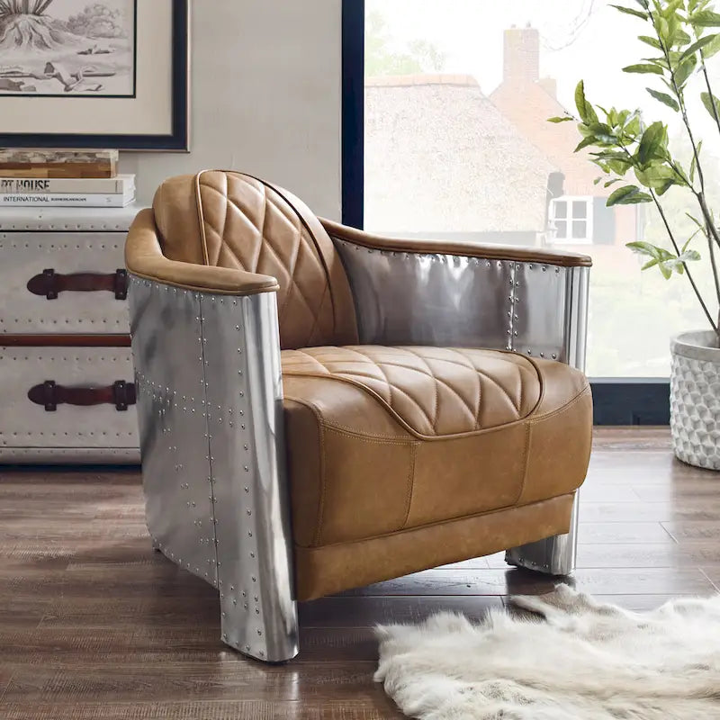Fauteuil industriel rétro en cuir pleine fleur avec accents en aluminium