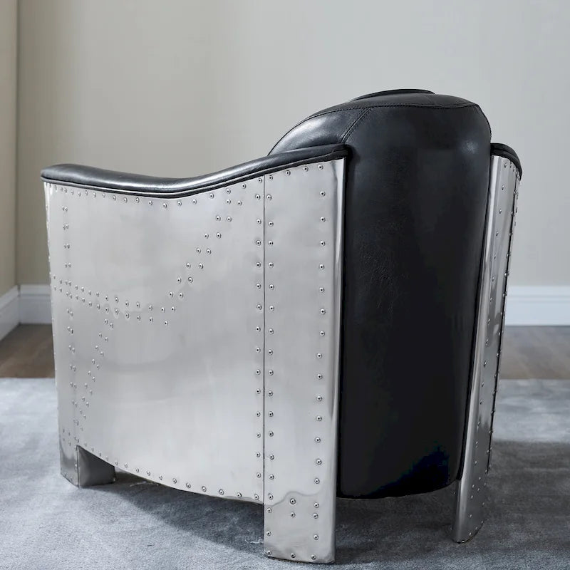 Fauteuil industriel rétro en cuir pleine fleur avec accents en aluminium