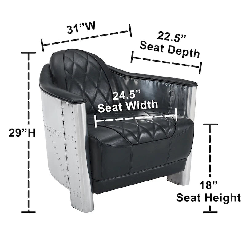 Fauteuil industriel rétro en cuir pleine fleur avec accents en aluminium