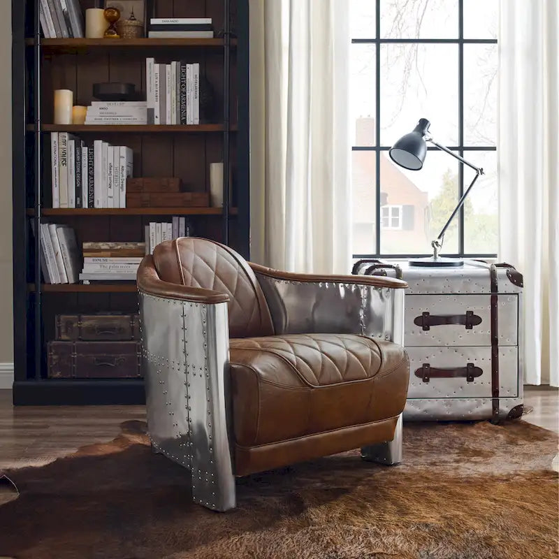 Fauteuil industriel rétro en cuir pleine fleur avec accents en aluminium