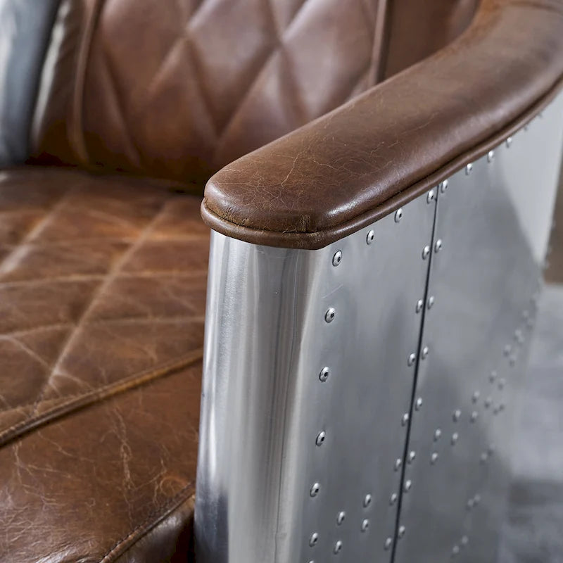 Fauteuil industriel rétro en cuir pleine fleur avec accents en aluminium