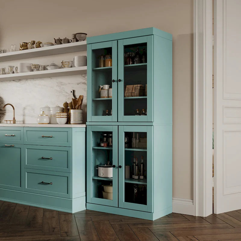 Armoire de cuisine en bois massif avec portes vitrées ou pleines et étagères réglables