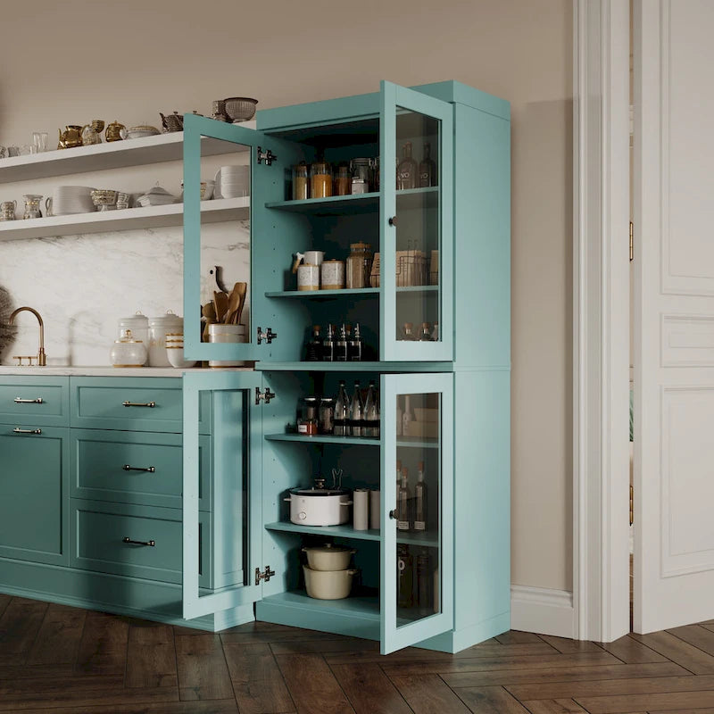 Armoire de cuisine en bois massif avec portes vitrées ou pleines et étagères réglables