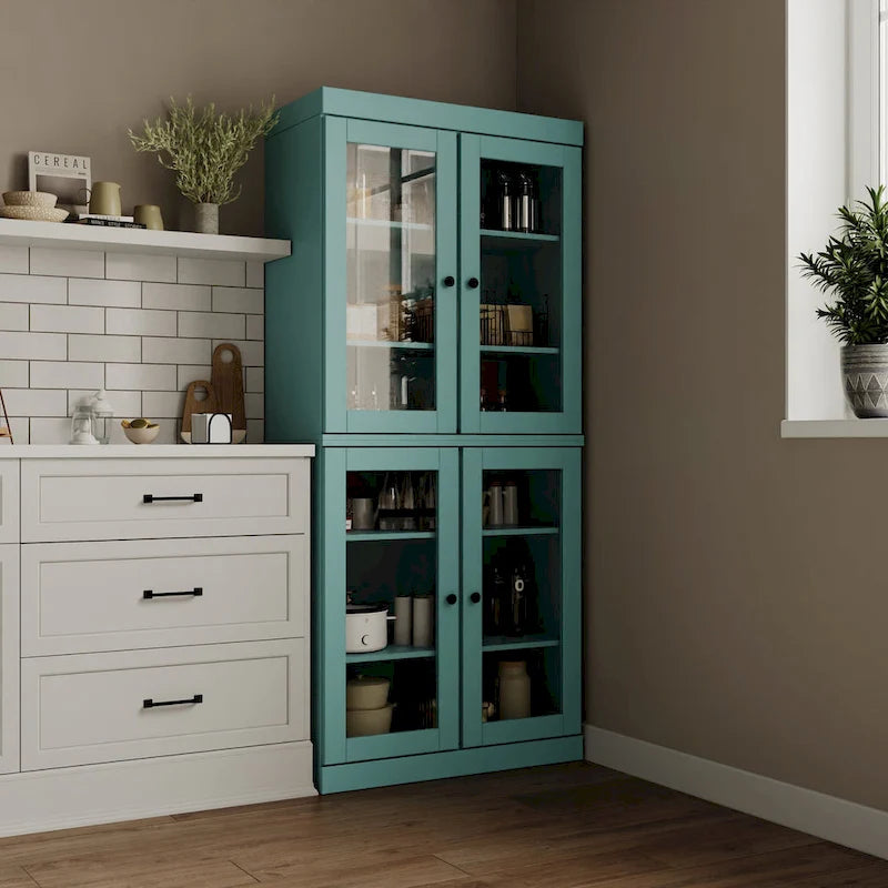 Armoire de cuisine en bois massif avec portes vitrées ou pleines et étagères réglables