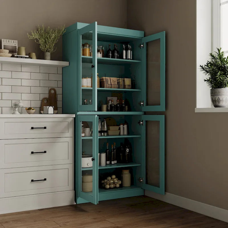 Armoire de cuisine en bois massif avec portes vitrées ou pleines et étagères réglables