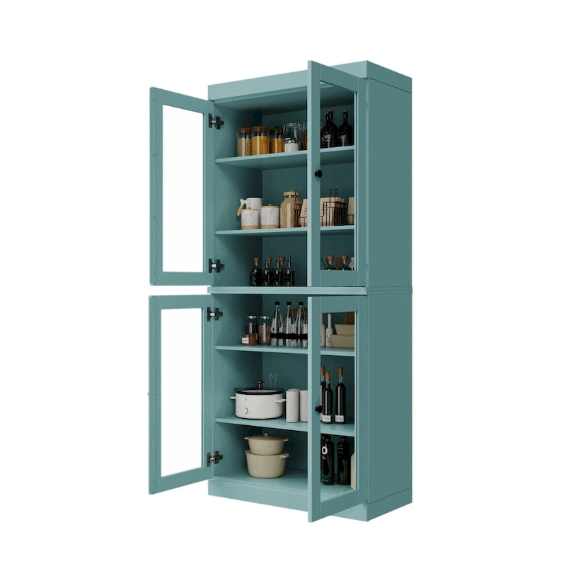 Armoire de cuisine en bois massif avec portes vitrées ou pleines et étagères réglables