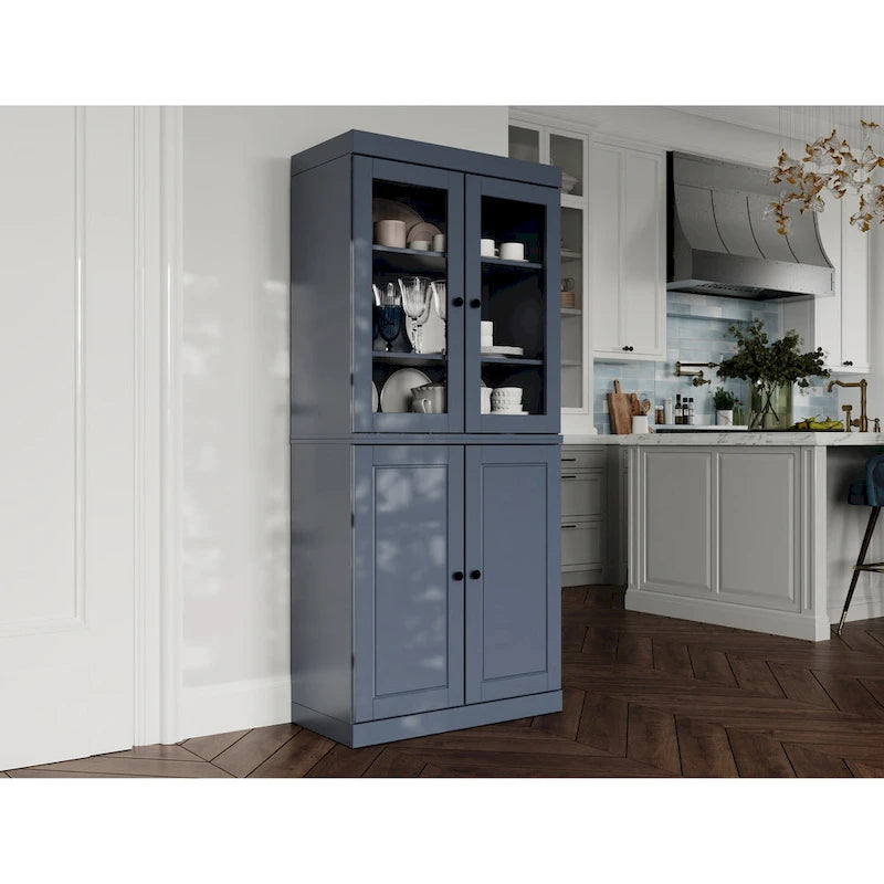 Armoire de cuisine en bois massif avec portes vitrées ou pleines et étagères réglables