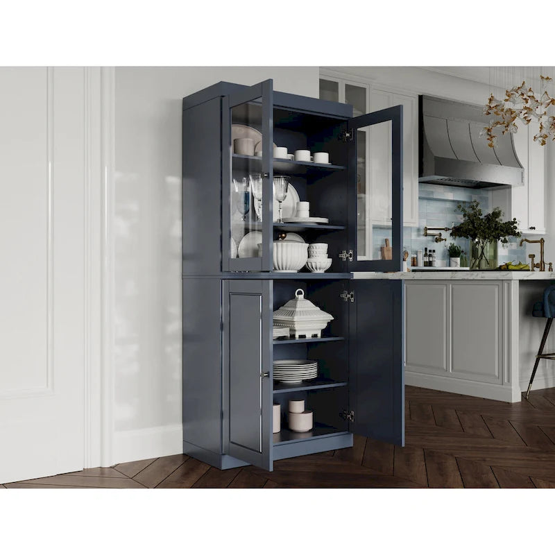 Armoire de cuisine en bois massif avec portes vitrées ou pleines et étagères réglables