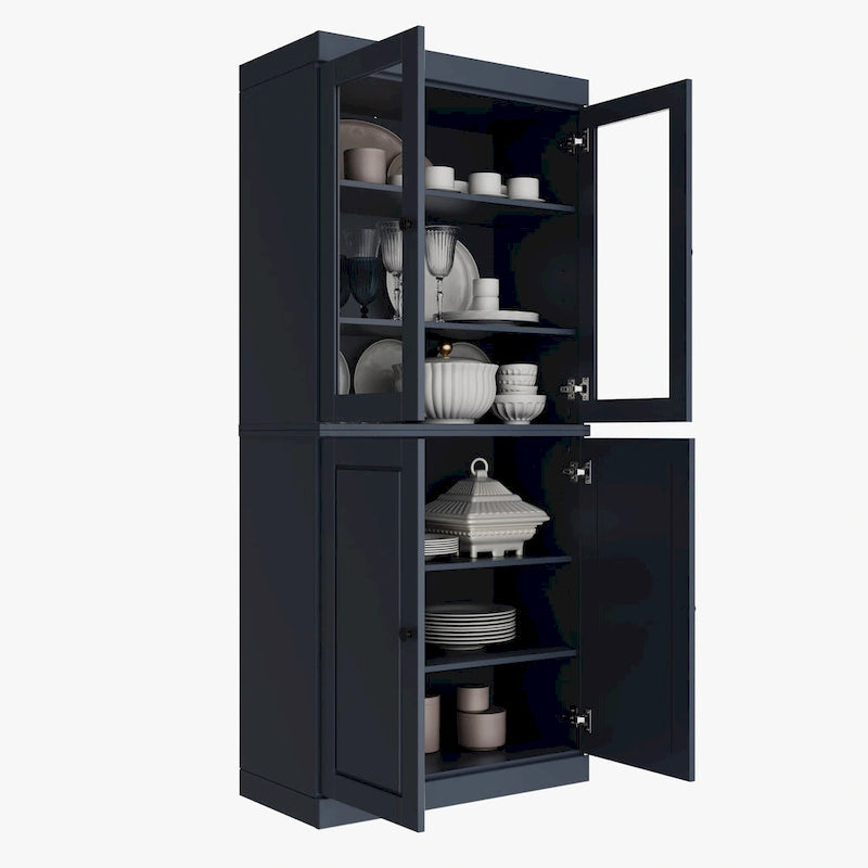 Armoire de cuisine en bois massif avec portes vitrées ou pleines et étagères réglables