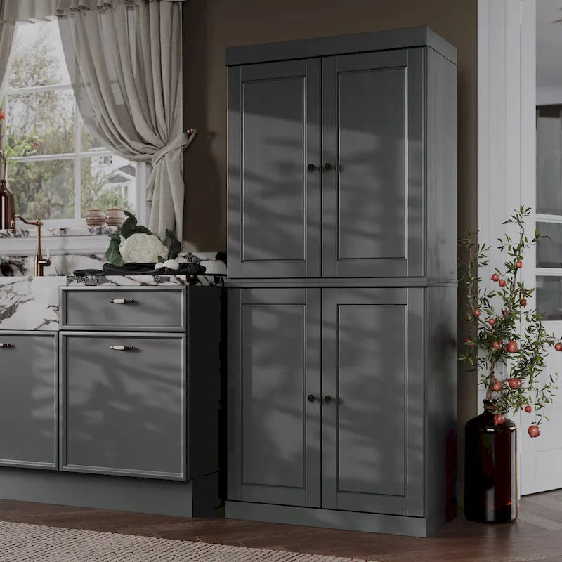 Armoire de cuisine en bois massif avec portes vitrées ou pleines et étagères réglables