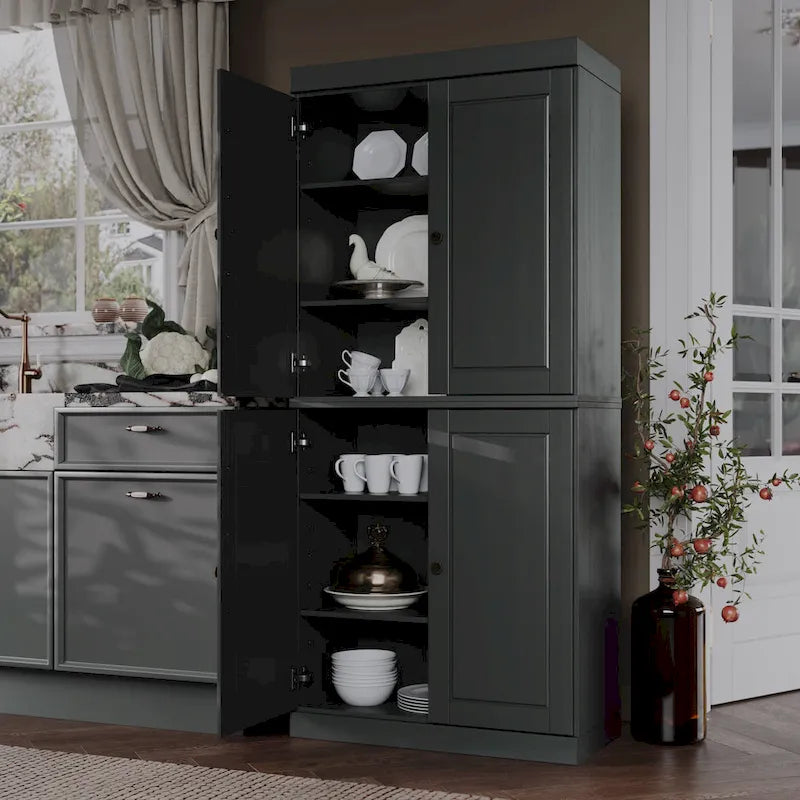 Armoire de cuisine en bois massif avec portes vitrées ou pleines et étagères réglables