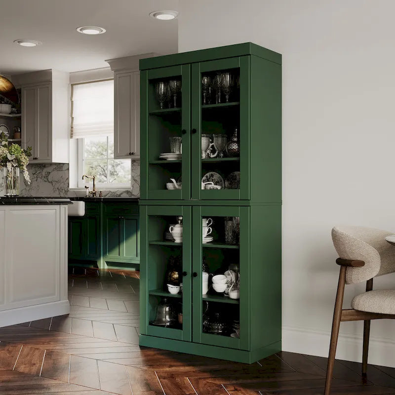 Armoire de cuisine en bois massif avec portes vitrées ou pleines et étagères réglables