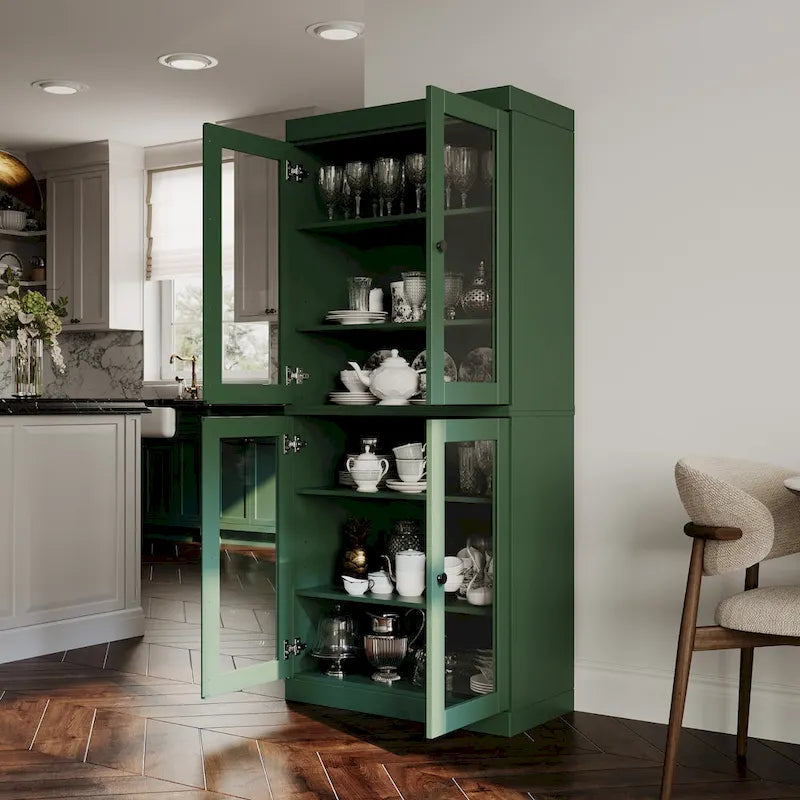 Armoire de cuisine en bois massif avec portes vitrées ou pleines et étagères réglables