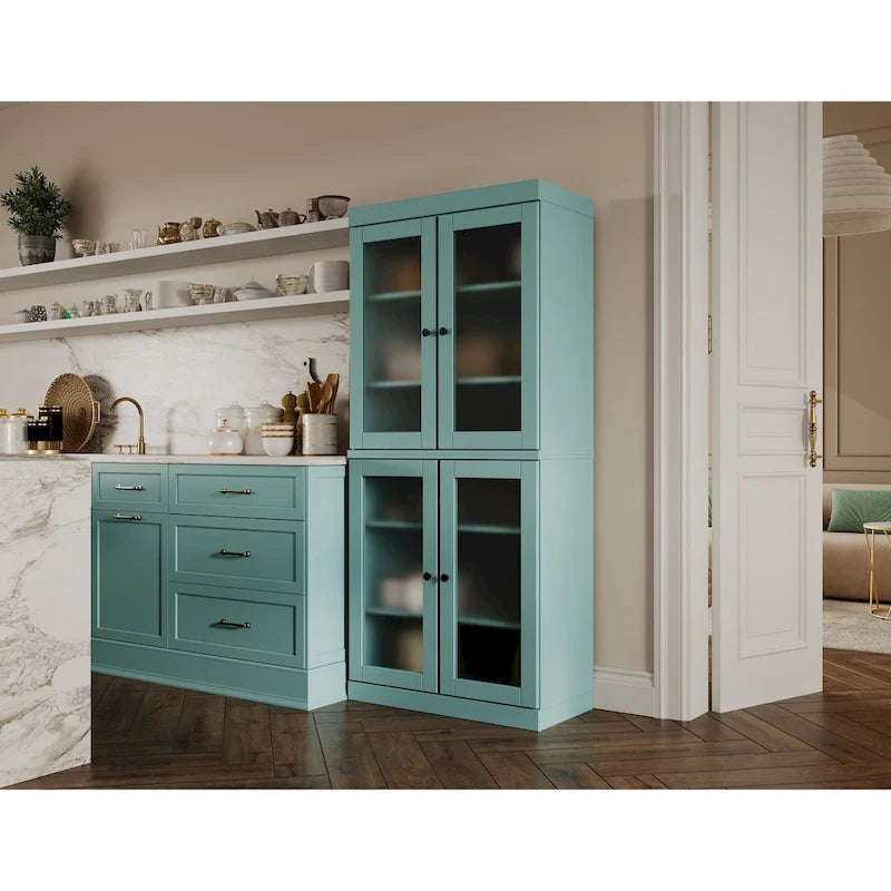 Armoire de cuisine en bois massif avec portes vitrées ou pleines et étagères réglables