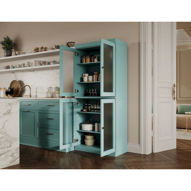 Armoire de cuisine en bois massif avec portes vitrées ou pleines et étagères réglables