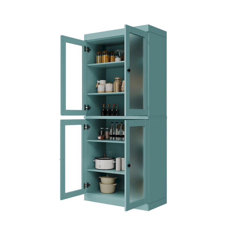 Armoire de cuisine en bois massif avec portes vitrées ou pleines et étagères réglables