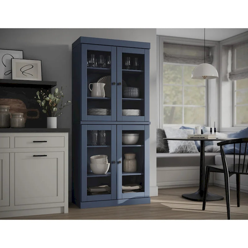 Armoire de cuisine en bois massif avec portes vitrées ou pleines et étagères réglables