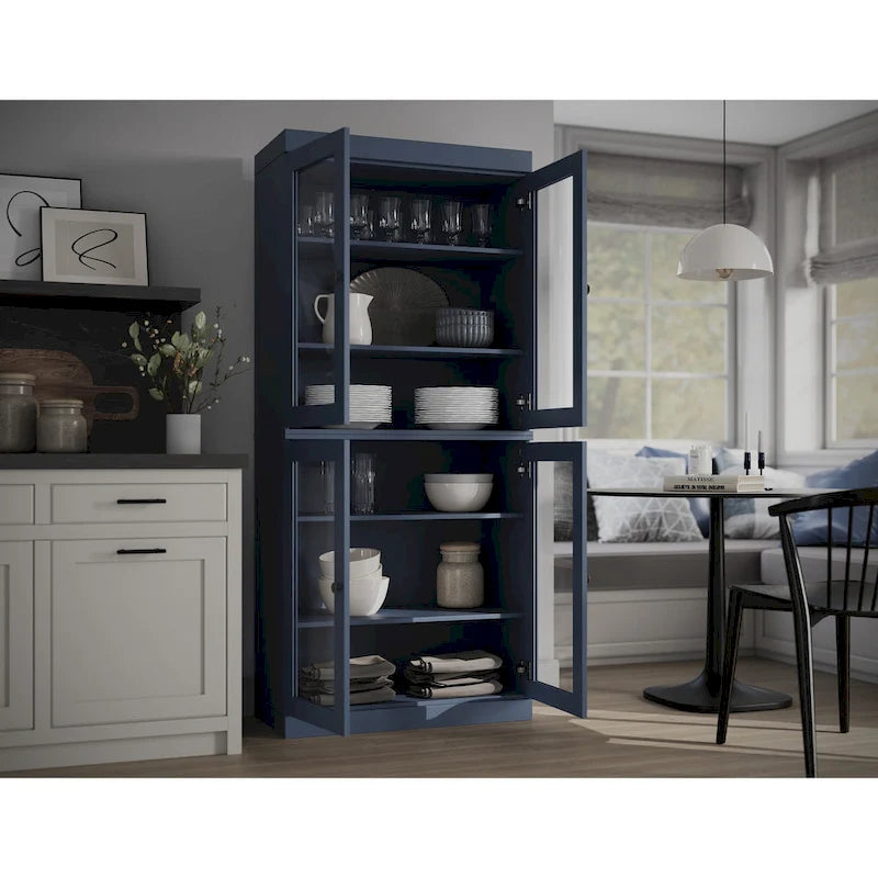Armoire de cuisine en bois massif avec portes vitrées ou pleines et étagères réglables