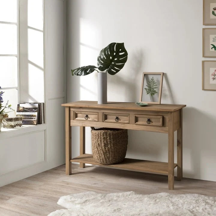 Console de table d'entrée en bois massif avec 3 tiroirs et poignées en métal