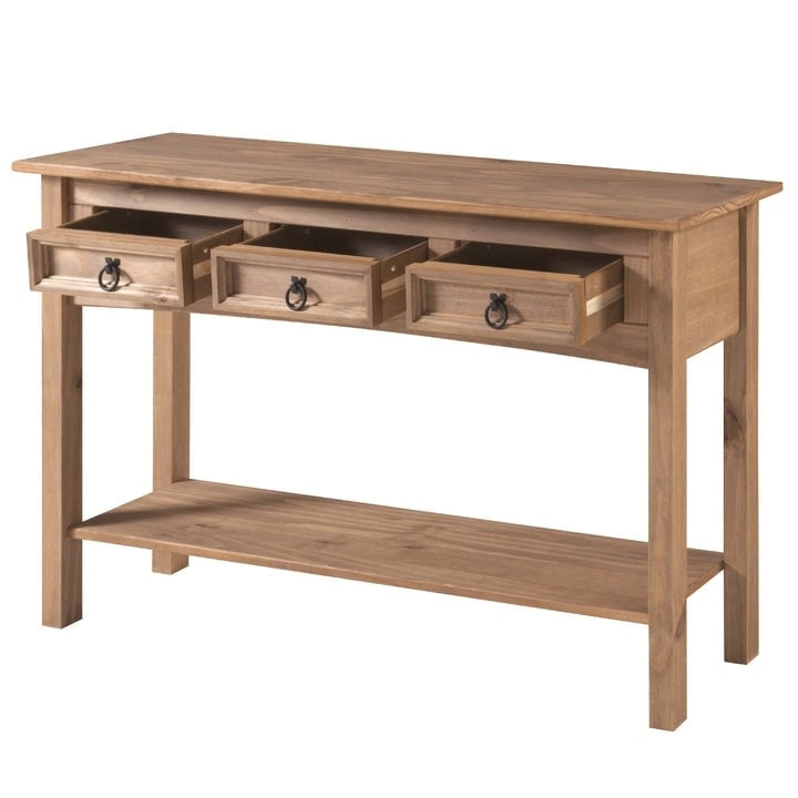 Console de table d'entrée en bois massif avec 3 tiroirs et poignées en métal