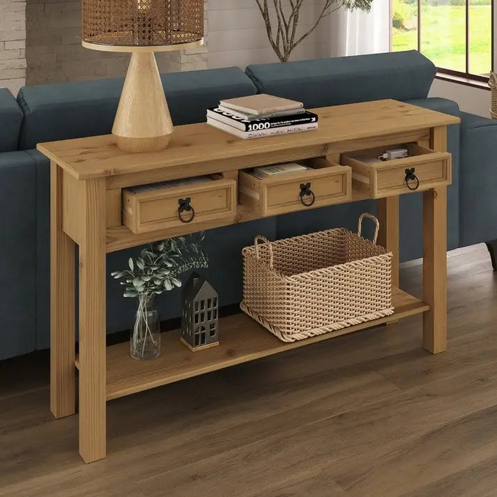 Console de table d'entrée en bois massif avec 3 tiroirs et poignées en métal