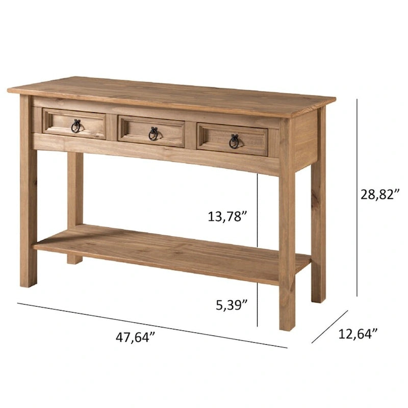 Console de table d'entrée en bois massif avec 3 tiroirs et poignées en métal