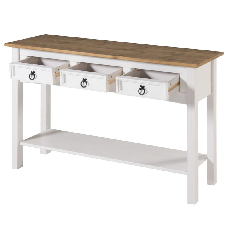 Console de table d'entrée en bois massif avec 3 tiroirs et poignées en métal
