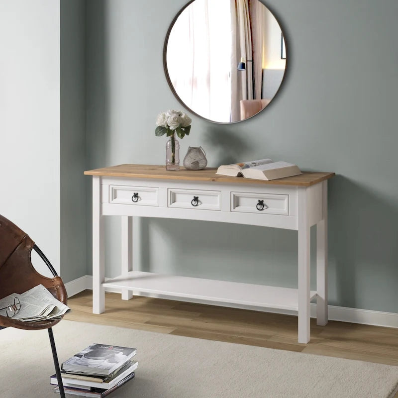 Console de table d'entrée en bois massif avec 3 tiroirs et poignées en métal