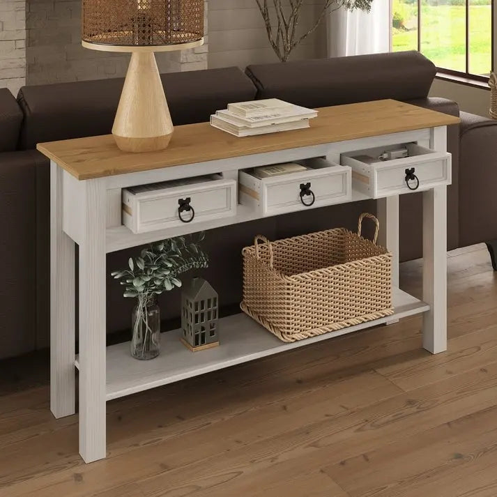 Console de table d'entrée en bois massif avec 3 tiroirs et poignées en métal