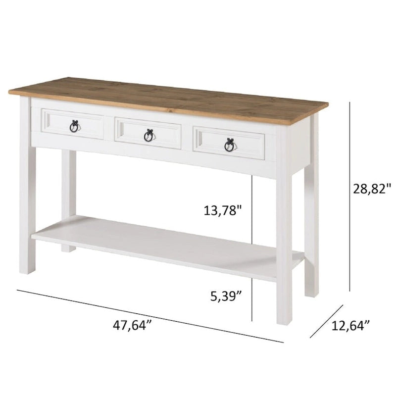 Console de table d'entrée en bois massif avec 3 tiroirs et poignées en métal