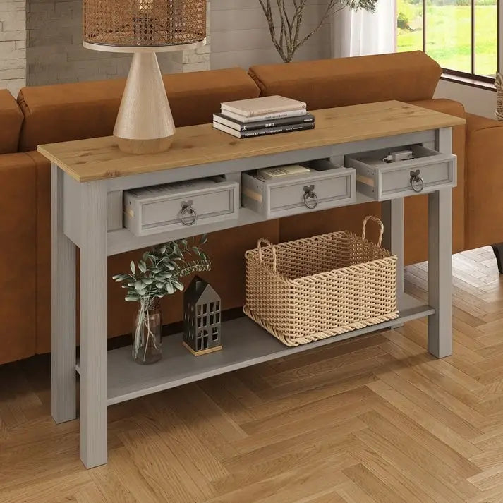 Console de table d'entrée en bois massif avec 3 tiroirs et poignées en métal