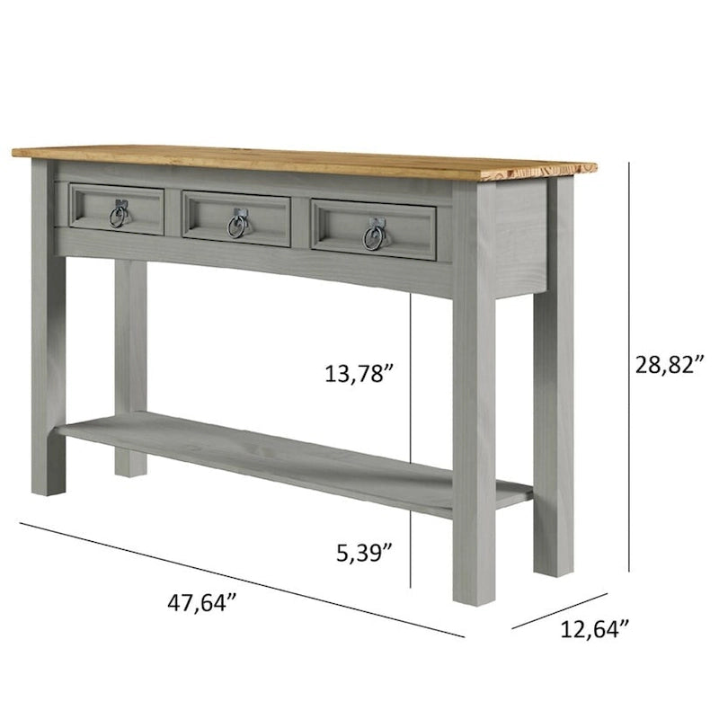 Console de table d'entrée en bois massif avec 3 tiroirs et poignées en métal