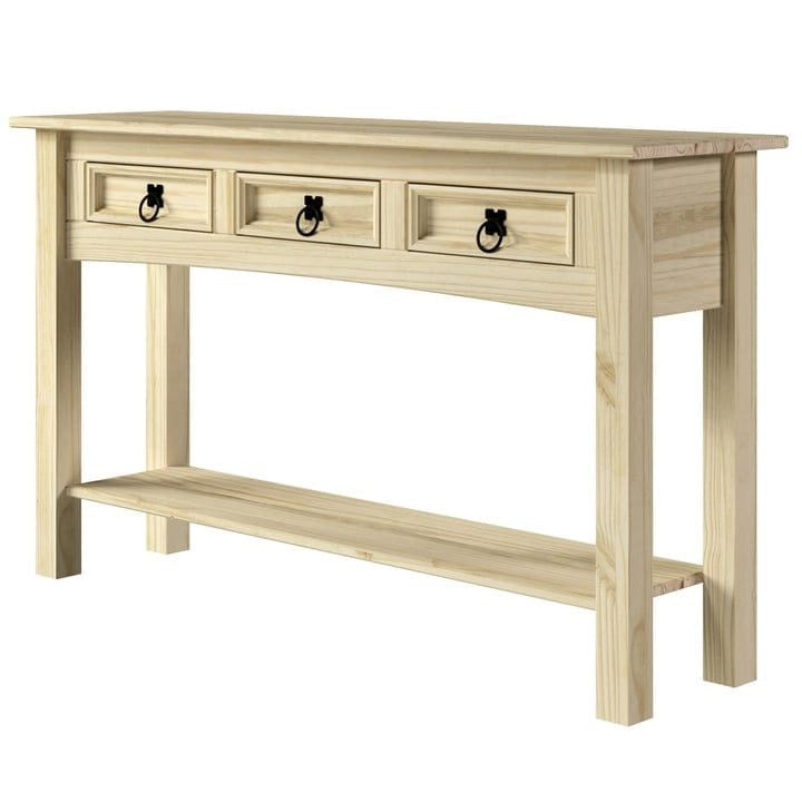 Console de table d'entrée en bois massif avec 3 tiroirs et poignées en métal