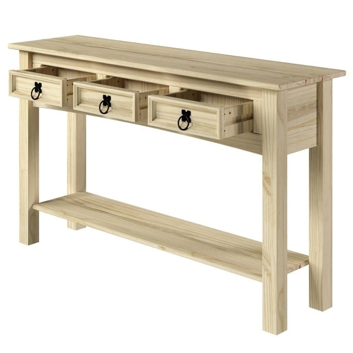 Console de table d'entrée en bois massif avec 3 tiroirs et poignées en métal