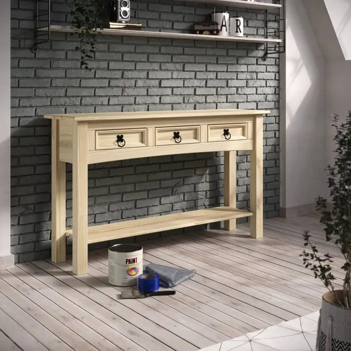 Console de table d'entrée en bois massif avec 3 tiroirs et poignées en métal