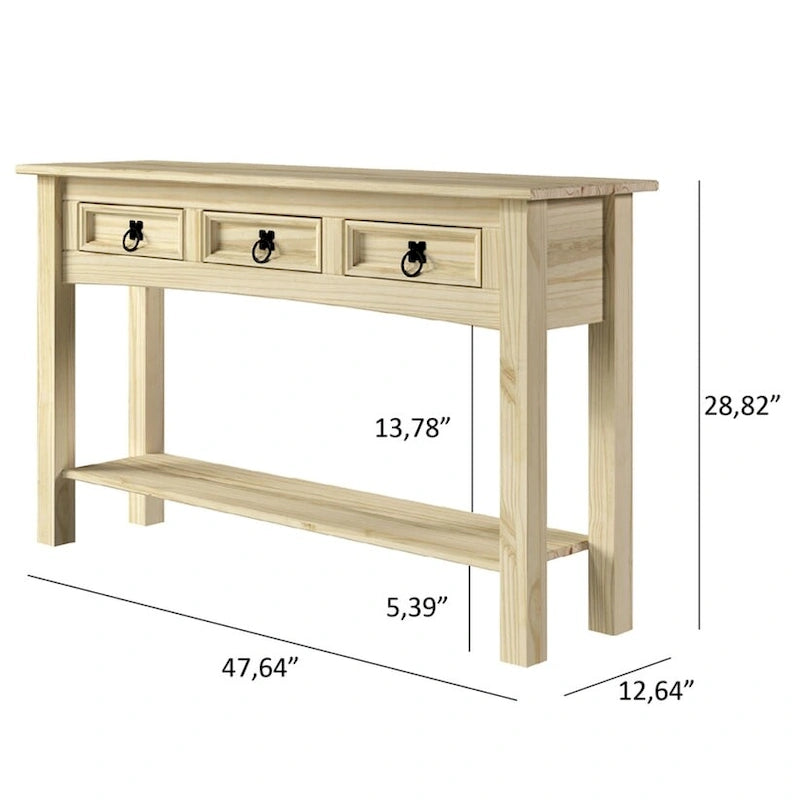 Console de table d'entrée en bois massif avec 3 tiroirs et poignées en métal