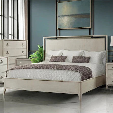Roundhill Furniture Mantalia Solid Wood Bedroom Set with Metal Frame, Bed, Dresser, Mirror, 2 Nightstands, and Chest, Champagne