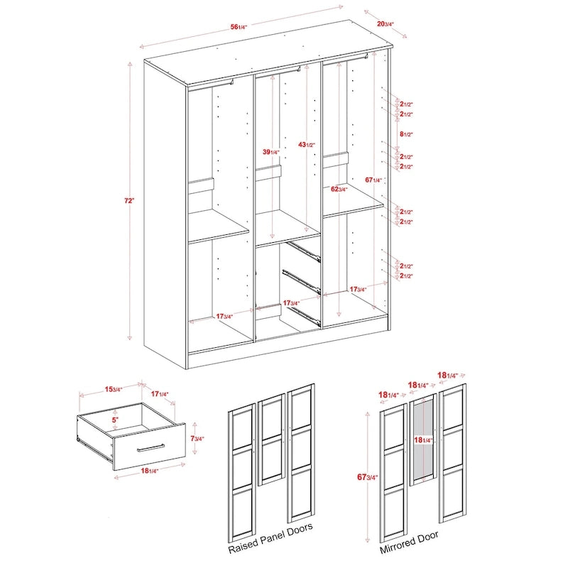 Armoire/Penderie 3 Portes 100 % Bois Massif avec Portes en Bois Massif ou Miroir