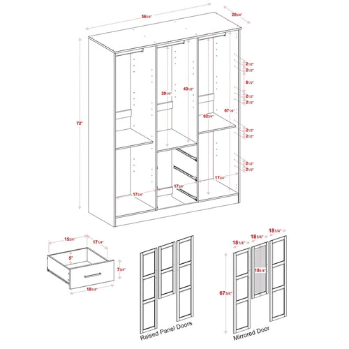 Armoire/Penderie 3 Portes 100 % Bois Massif avec Portes en Bois Massif ou Miroir