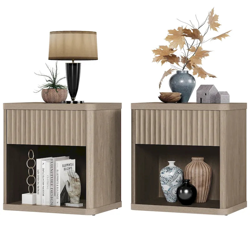 Table de chevet style ferme moderne avec tiroir cannelé et étagère de rangement ouverte
