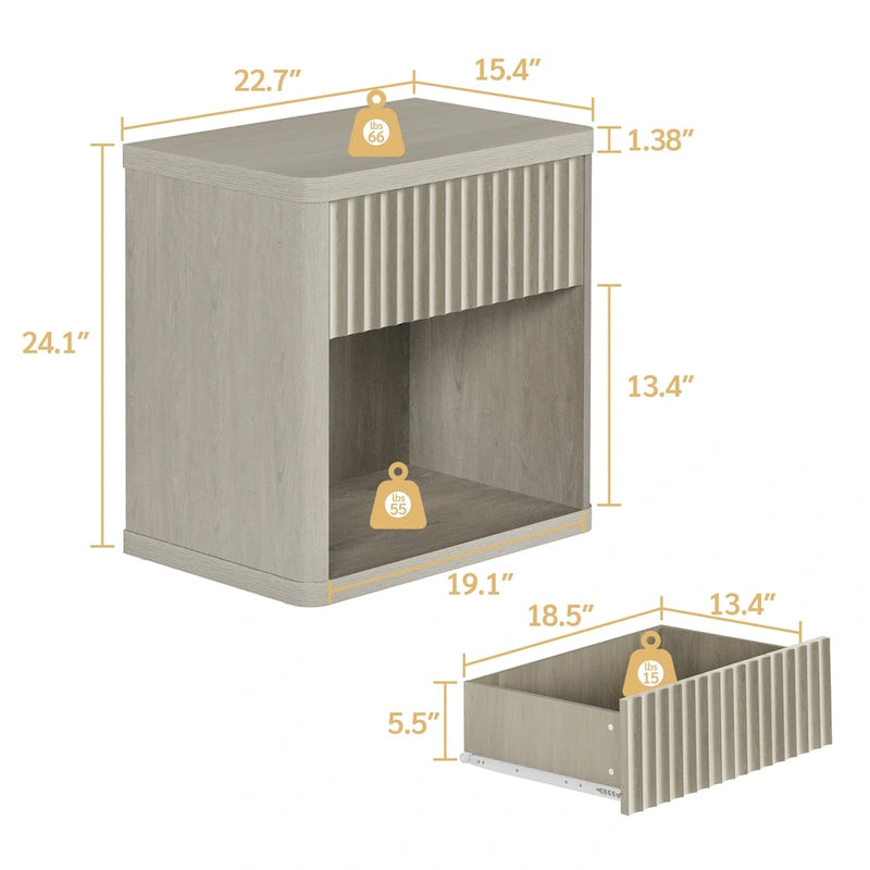 Table de chevet style ferme moderne avec tiroir cannelé et étagère de rangement ouverte