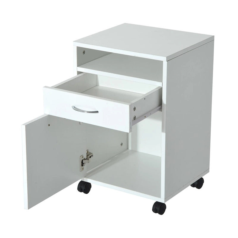 Chariot d'imprimante mobile à roulettes de 24 po avec tiroir, armoire et roulettes, blanc